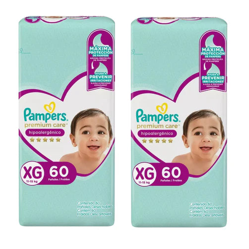 Pack x 2 Pañales Pampers Premium Care XG 60 unds